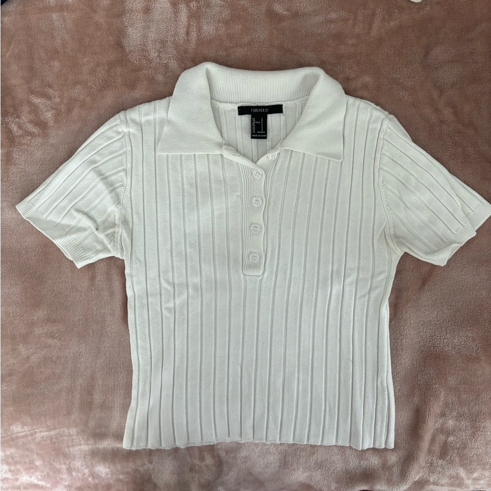 White Ribbed Short Sleeve Collared Top